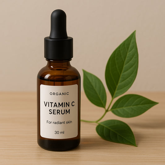 A sleek, eco-friendly vitamin C serum on a minimalist wooden surface, botanical leaves beside it. Alt: Organic vitamin C serum for radiant, environmentally conscious skin.