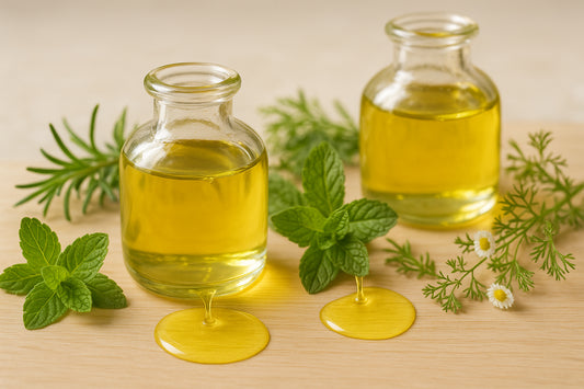 A serene image of natural oils pouring from glass bottles beside fresh herbs, illustrating gentle, organic hair oils for sensitive skin. Alt: Sensitive skin hair oil benefits with organic oils and calming herbs.