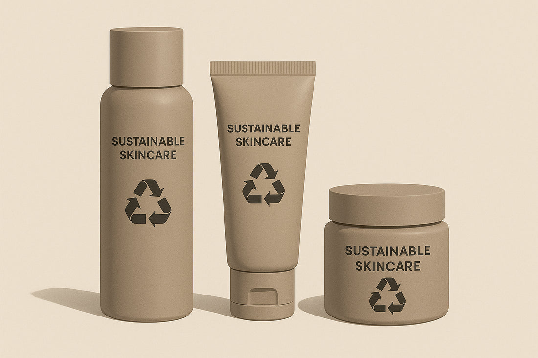 Illustration of minimalistic sustainable skincare packaging highlighting size optimization and clear recycling iconography. Alt: Sustainable recyclable skincare packaging tips minimal design and recycling labels