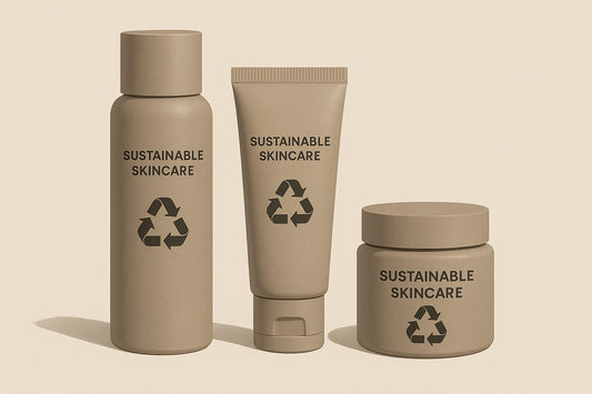 Illustration of minimalistic sustainable skincare packaging highlighting size optimization and clear recycling iconography. Alt: Sustainable recyclable skincare packaging tips minimal design and recycling labels