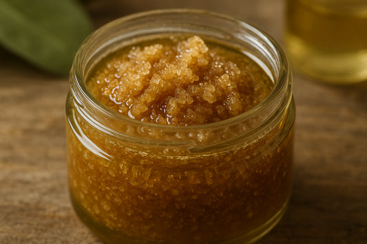 Close-up of a jar filled with organic natural scalp scrub ingredients such as sugar and oils. Alt: Natural scalp scrub for dry scalp made with vegan, organic ingredients.
