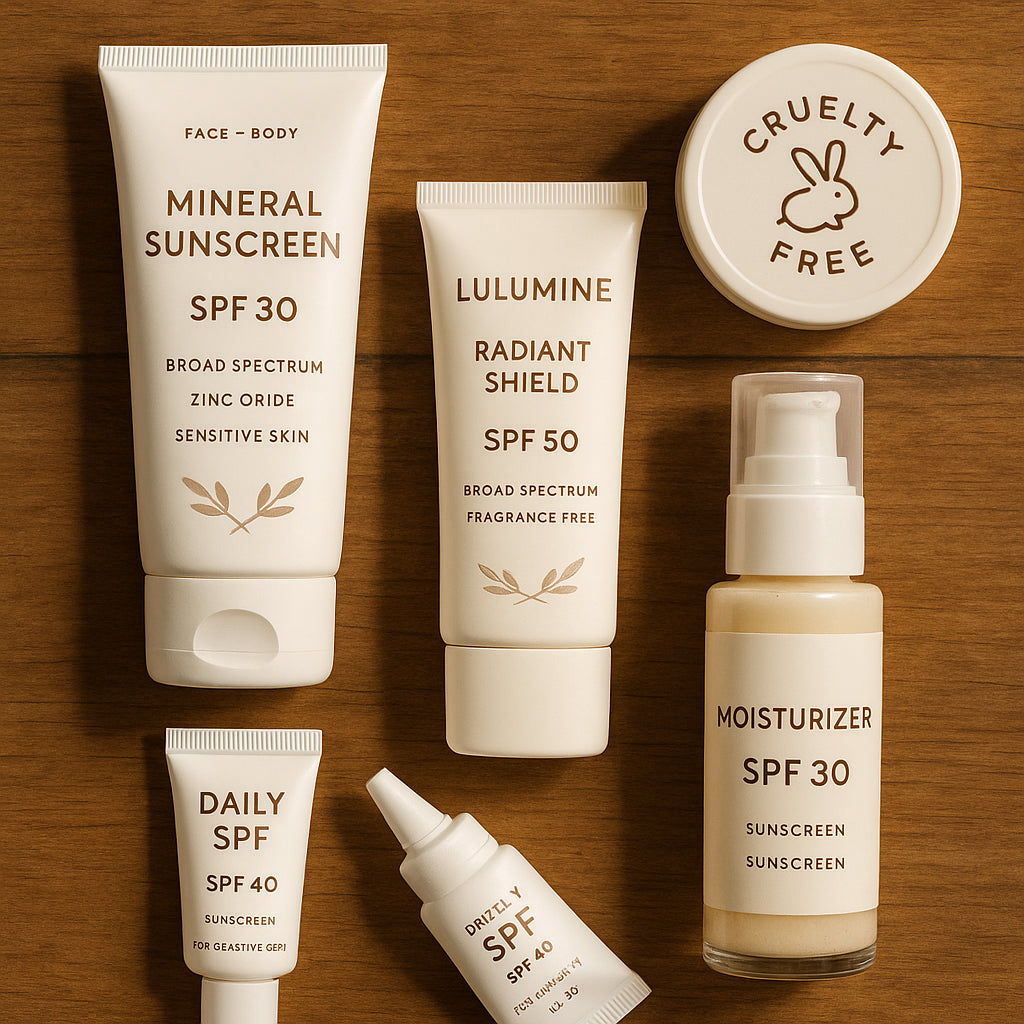 A flat lay of cruelty free SPF skincare products on a wooden table, including LULUMINE Radiant Shield SPF 50. Alt: cruelty free SPF options for sensitive skin arranged aesthetically.