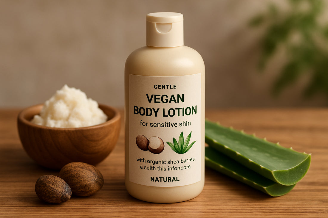 Gentle, organic vegan body lotion with natural ingredients like shea butter and aloe vera on a natural wooden table. Alt: Best vegan body lotion for sensitive skin with organic shea butter and soothing aloe vera.