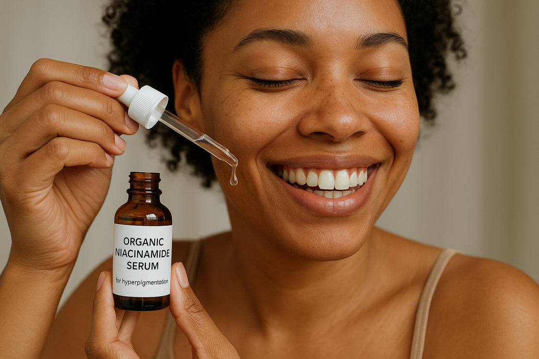 A descriptive prompt for an AI image generator, related to testimonials on skincare products. Alt: Happy customer using organic niacinamide serum for hyperpigmentation.