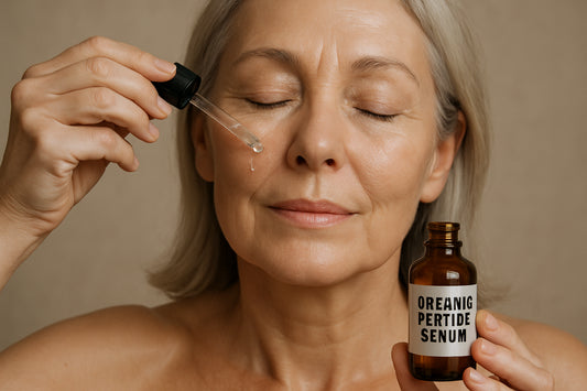 A bespoke image of a mature woman applying organic peptide serum, emphasizing hydration and smooth skin. Alt: organic peptide serum for mature skin application and results