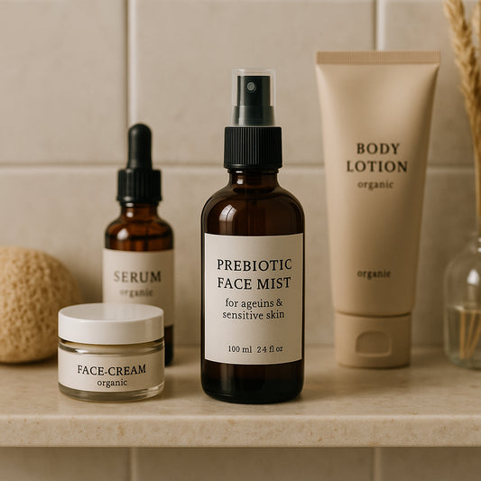 An elegant bathroom shelf displaying a prebiotic face mist bottle amid organic skincare products. Alt: Prebiotic face mist little-known benefits for ageing and sensitive skin care.