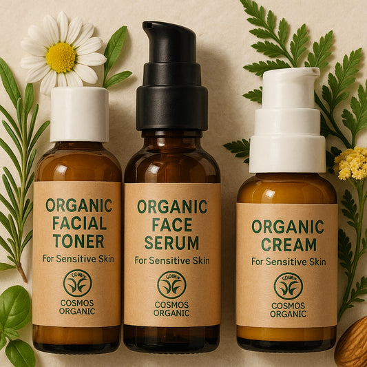 Close-up of COSMOS Certified Organic skincare bottles with natural botanical elements around them. Alt: COSMOS certified skincare organic bottles with natural ingredients for sensitive skin.