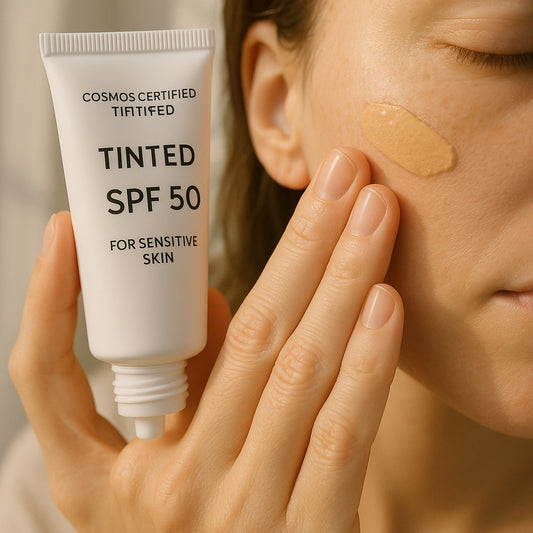 A gentle hand applying COSMOS certified tinted SPF 50 to sensitive skin in soft natural light. Alt: COSMOS certified tinted SPF 50 for sensitive skin application and sun protection.