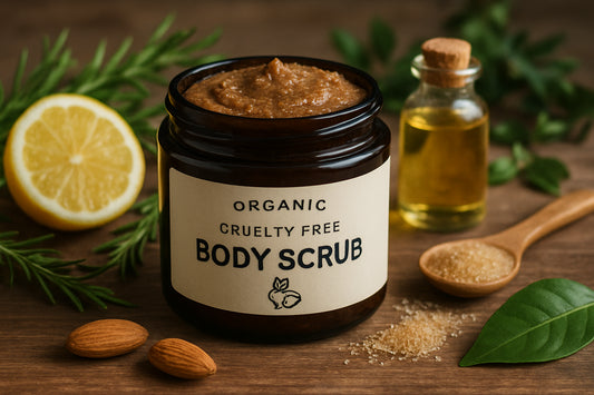 Organic cruelty free body scrub jar surrounded by natural ingredients on a wooden surface. Alt: Organic cruelty free body scrub UK with natural botanical ingredients.