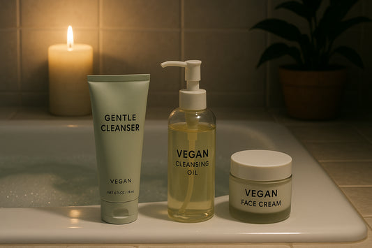 A serene bathroom scene with vegan skincare products displayed elegantly. Alt: Nighttime vegan skincare routine with gentle cleansers.