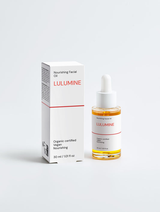 Lulumine nourishing facial oil bottle and packaging on a white background